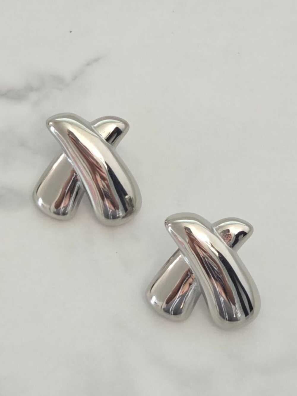 Silver Tone Sculptural X Crossover Statement Stud Earrings
